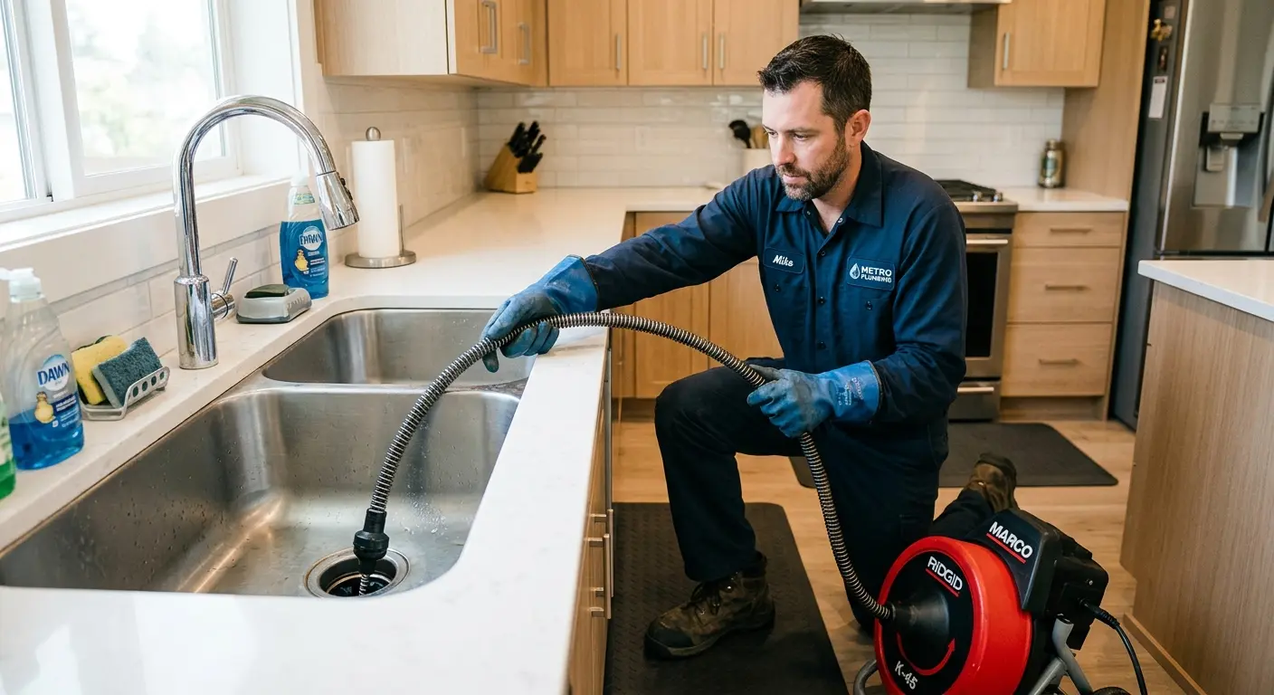 Drain cleaning technician using a motorized snake on a kitchen sink in West Linn