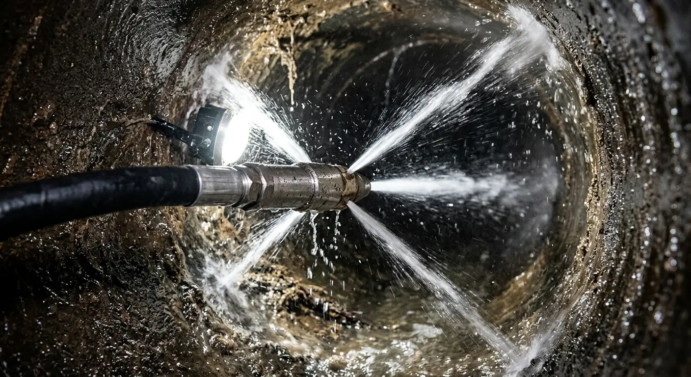 High-pressure hydro jetting nozzle cleaning sewer pipe for Trenchless Sewer Repair in West Linn