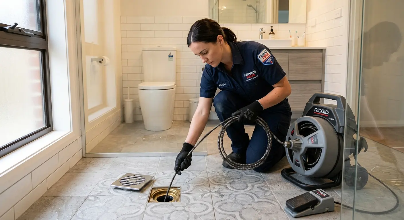 Technician clearing a bathroom floor drain for Drain Repair in West Linn
